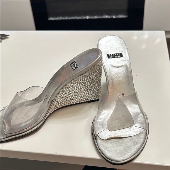 Stuart Weitzman Crystal-Embellished Silver Wedges - Picture 1 of 8